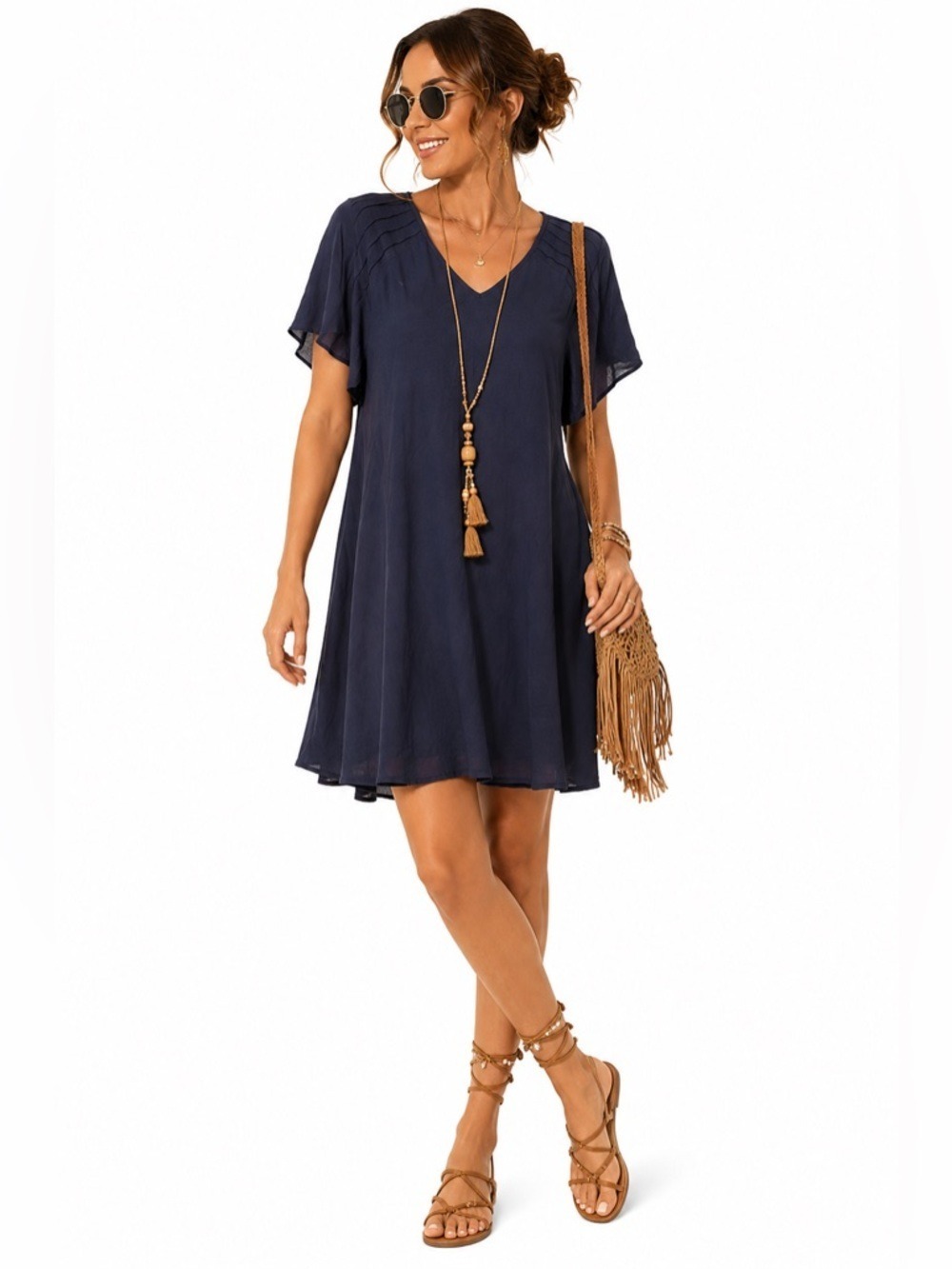 RW&Co Women’s Blue V-Neck Casual Silky Feminine Summer Vacation Dress Medium